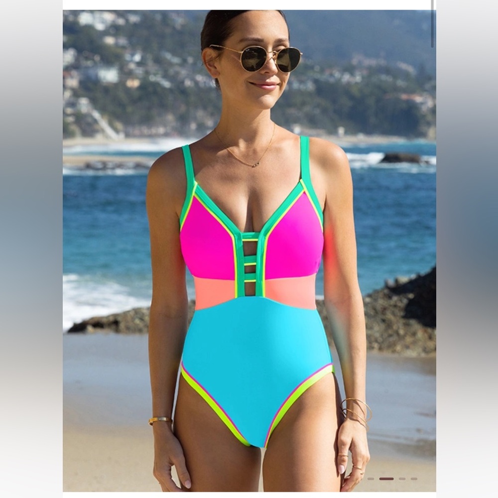 Popvil size small One-Piece Colorblock Patchwork highlighter swimsuit
